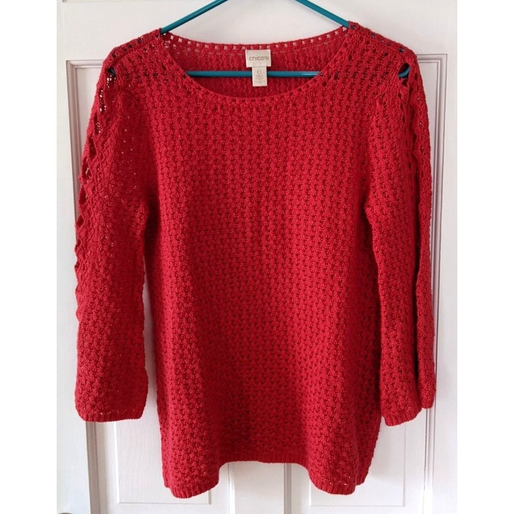 Chico's Open Weave Sweater Coral Women's Small 3/4 Sleeve